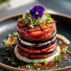Grilled Eggplant Stacks with Microgreens Recipe