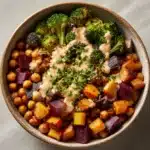 Roasted Veggie & Chickpea Bowls with Maple Dijon Tahini Dressing Recipe
