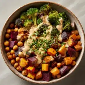 Roasted Veggie & Chickpea Bowls with Maple Dijon Tahini Dressing Recipe