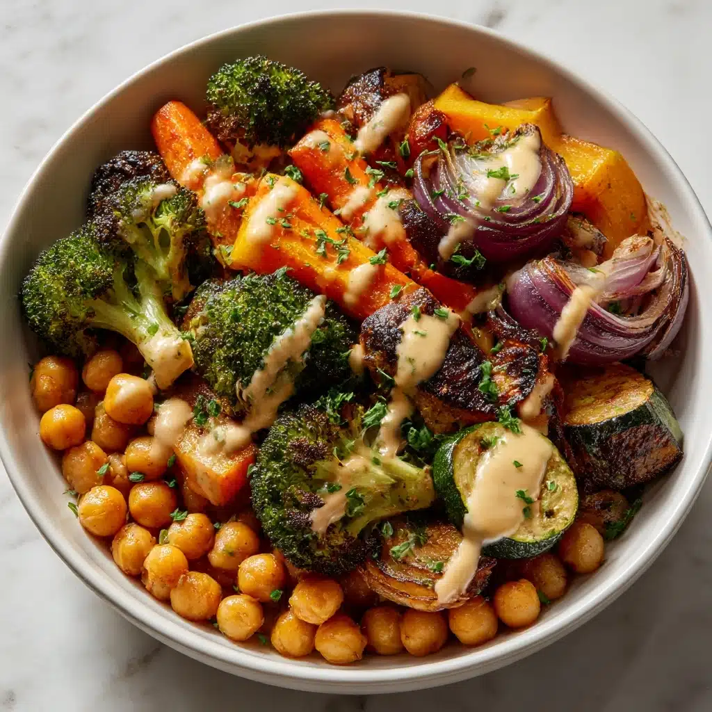 Roasted Veggie & Chickpea Bowls with Maple Dijon Tahini Dressing Recipe - Recipe Image