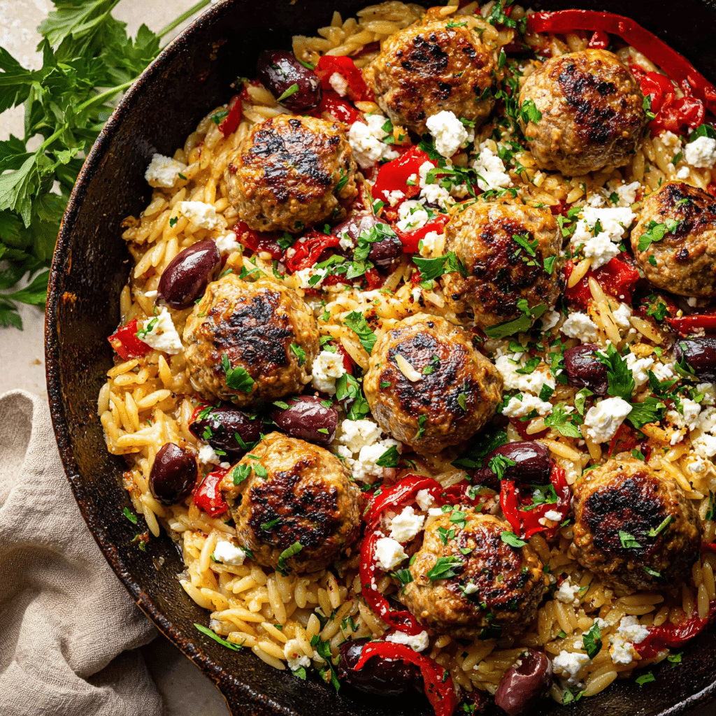 Greek Meatballs and Orzo Skillet