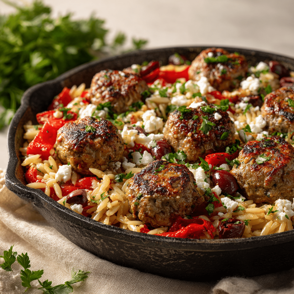 Greek Meatballs and Orzo Skillet