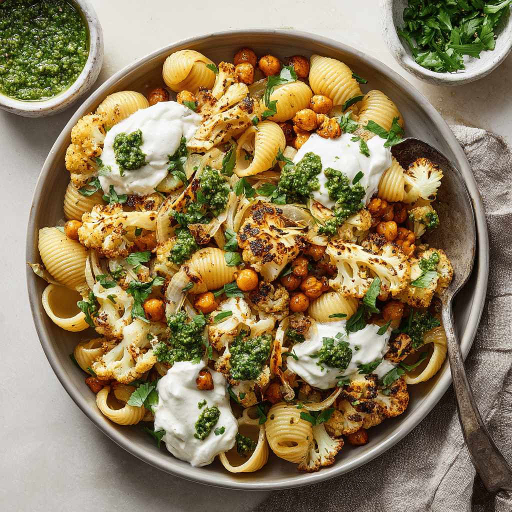 Roasted Cauliflower and Chickpea Pesto Pasta