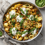 Roasted Cauliflower and Chickpea Pesto Pasta