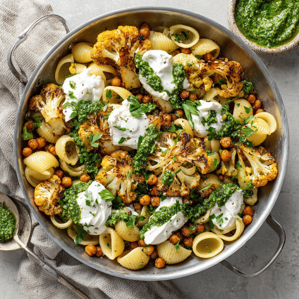 Roasted Cauliflower and Chickpea Pesto Pasta