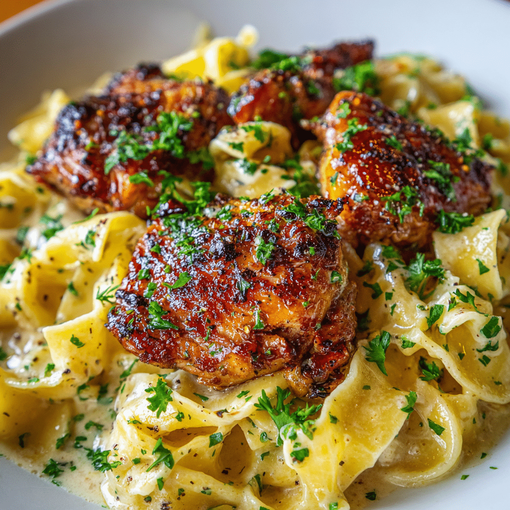 One-Pan Creamy Garlic Butter Chicken with Egg Noodles